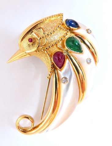 Vintage Carved South Sea Pearl Ruby Sapphire Emerald Penguin Pin 18kt Gold