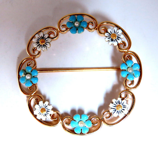 Vintage Estate Handmade Enamel White Blue Daisy Circle Pin 14kt
