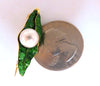 18kt Gold Enamel Leaf Pearl Pin