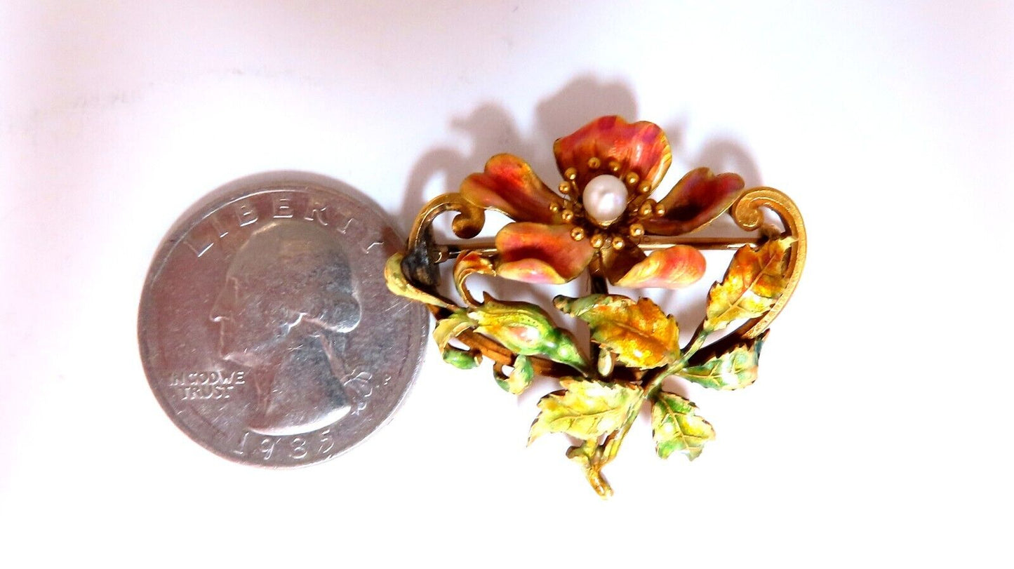 Vintage Enamel Flower Pin Seed Pearl 18kt