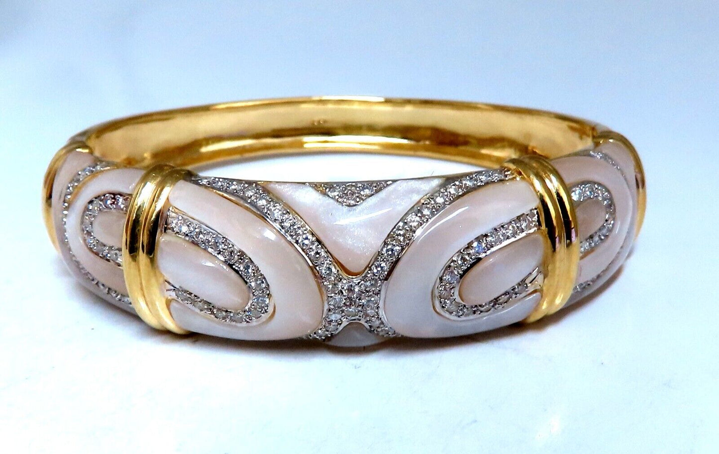 Natural Diamonds Carved Mother of Pearl Bangle Bracelet 18kt