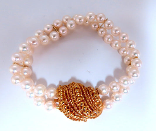 6.75mm Akoya pearls pearls double stranded bracelet 14kt Shell Twist Clasp