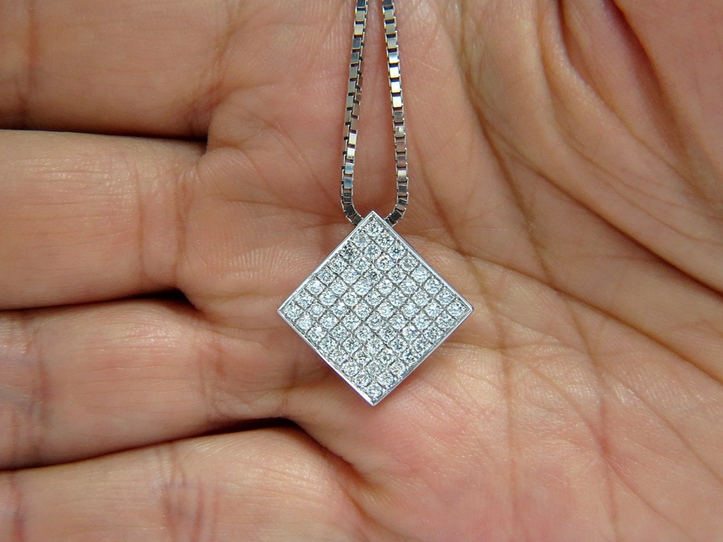 1.40CT DIAMONDS BEAD SET SQUARE ZEN PENDANT 3D CURVE 14KT 16 INCH CHAIN