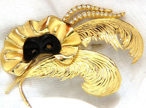 18KT SIGNED 1.00ct. DIAMONDS THEATER EYE MASK FEATHER PEACOCK DECO BROOCH 2+INCH