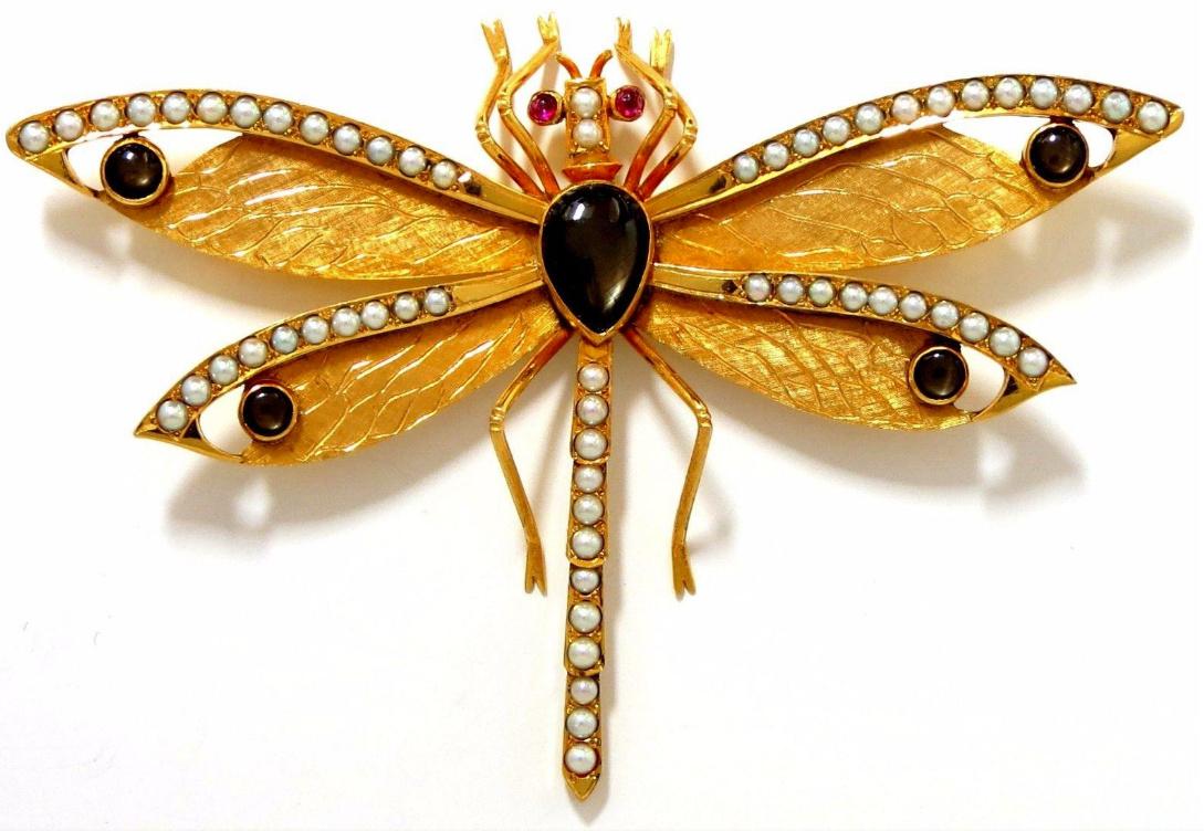 Dragonfly Natural Pearls Blackstar Brooch Pin 18Kt Gold Ref 12303