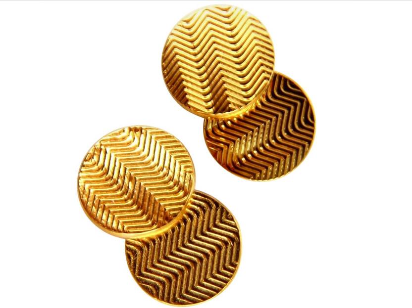 14 Karat 3D Circular Double Textured Gold Cufflinks Tread Lines Ref 12320