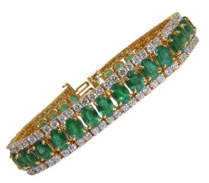 27.65 Carat Natural Vivid Green Emerald Diamond Bracelet F/VS 14kt Ref 12324