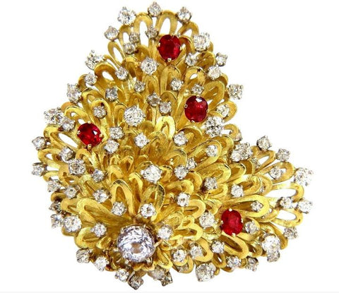 Erwin Pearl 8.00 Carat Natural Diamonds and Red Spinel Brooch 18Kt Ref 12332