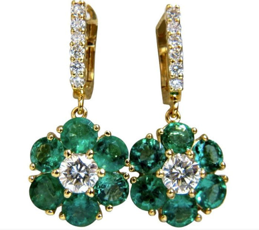 5.38ct Flora Cluster Natural emerald diamond dangle earrings 14kt gold Ref 12334