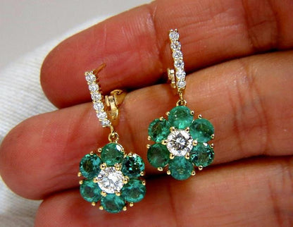 5.38ct Flora Cluster Natural emerald diamond dangle earrings 14kt gold Ref 12334