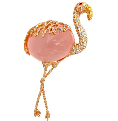 GIA 178 Carat Natural Rose Quartz Artisan Sexy Flamingo Brooch Pin 18kt #12345