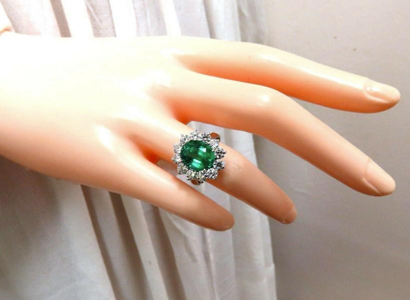 GIA Certified 4.40ct Natural Green Emerald Diamonds Ring 18kt Halo Prime 12351