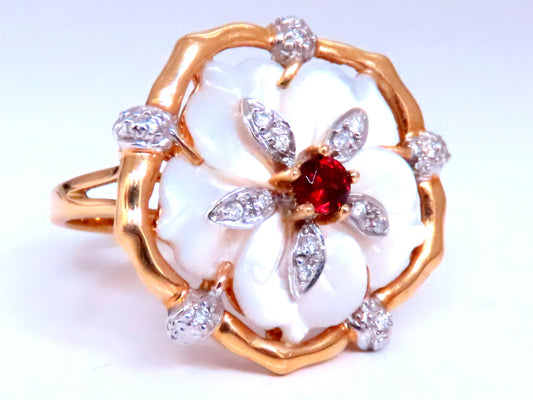 Natural Garnet Diamonds & Mother of Pearl Ring 18kt Gold  Ref 12301