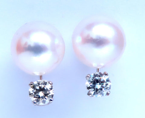 8mm Natural White South seas Pearl Diamond Stud Earrings 14kt Gold 12384