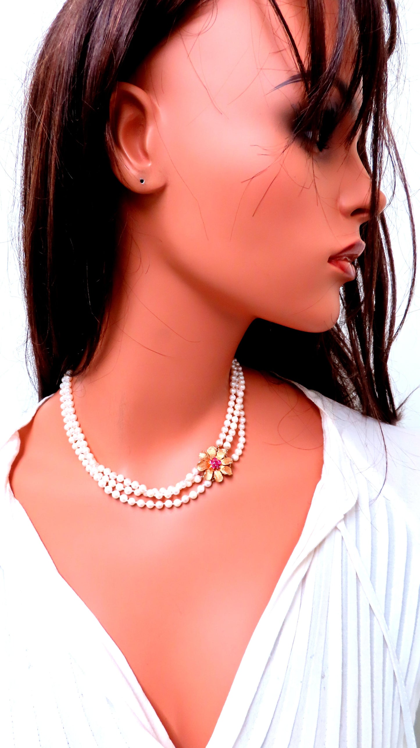 Natural Ruby Vintage Pearl Stranded Necklace 14kt Gold 12391