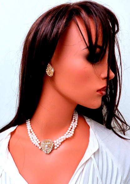 Angel Wings Diamond Earrings & Pendant Pearl Strand Necklace 14kt Gold 12386