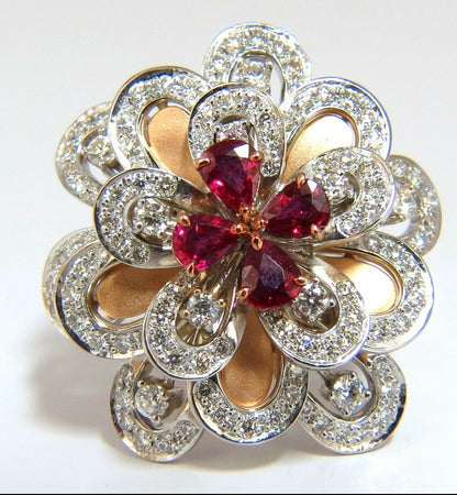 2.36Ct Natural Ruby Diamonds 4 Tier 3D Cocktail Petal Diamond Ring 18kt